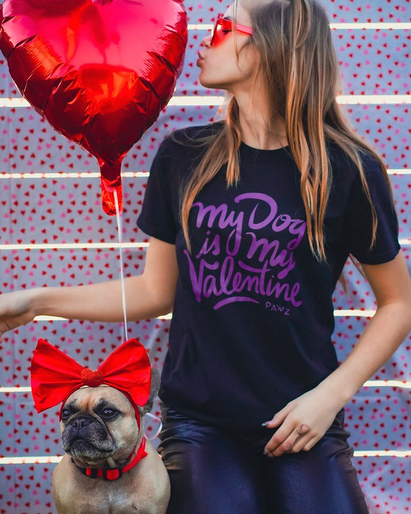 My Dog is My Valentine Purple Print Black Tee sold by PAWZ product image thumbnail 2