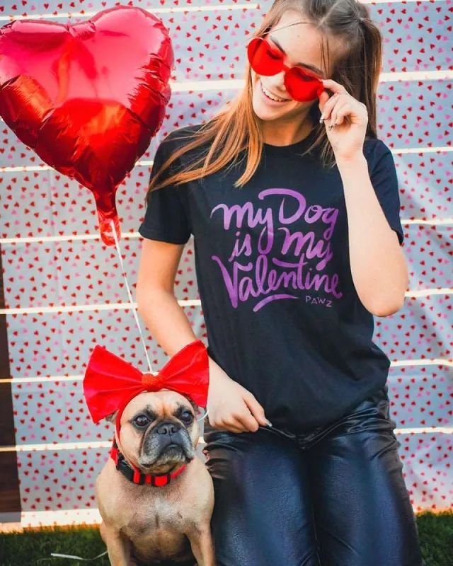 My Dog is My Valentine Purple Print Black Tee sold by PAWZ