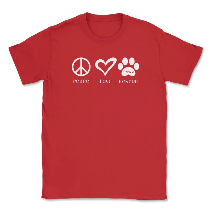 Peace, Love, Rescue (Adult Short Sleeve T-Shirt) sold by PAWZ