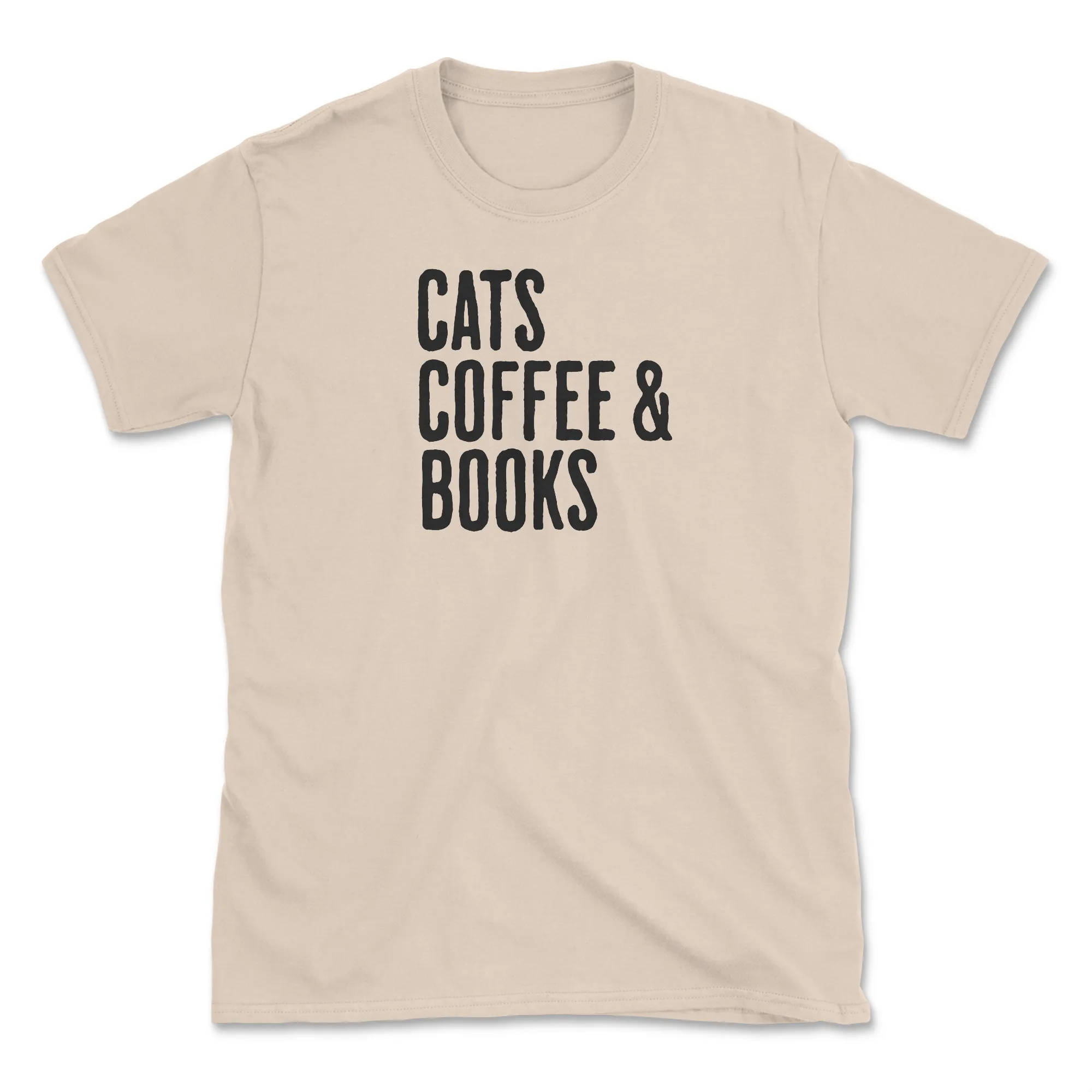 Cats, Coffee & Books - Front Print - Sand (Adult Short Sleeve T-Shirt) sold by PAWZ