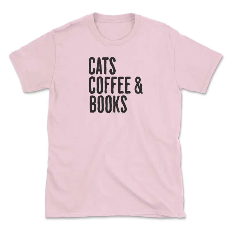 Cats, Coffee & Books - Front Print - Light Pink (Adult Short Sleeve T-Shirt) sold by PAWZ