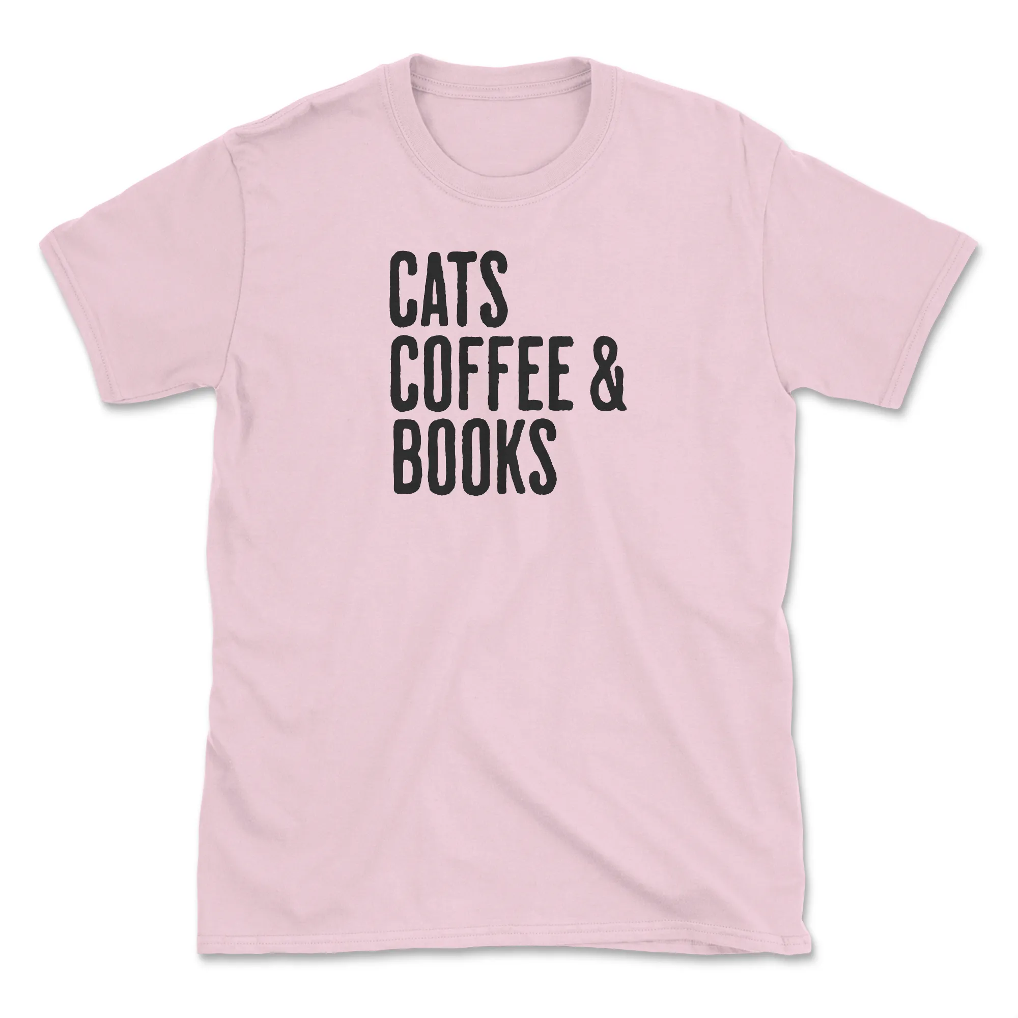 Cats, Coffee & Books - Front Print - Light Pink (Adult Short Sleeve T-Shirt) sold by PAWZ