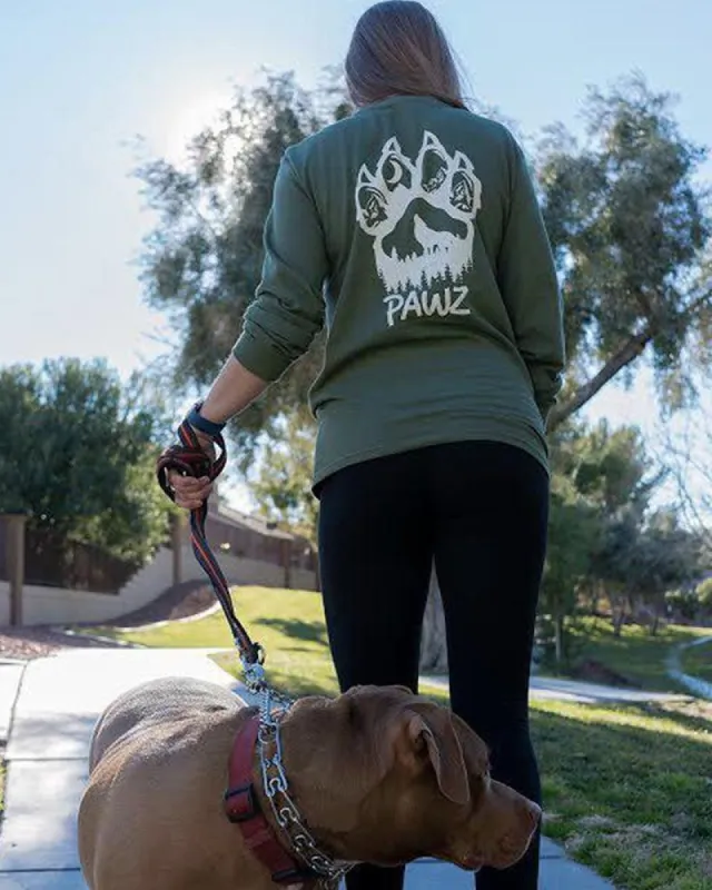Woof Paw White Print Olive Long Sleeve sold by PAWZ