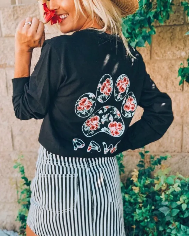 Rose Print Black Long Sleeve T-Shirt sold by PAWZ