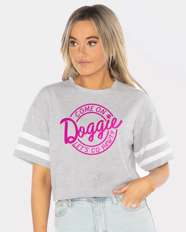 Come On Doggie Let's Go Pawty Drop Shoulder Mid-Crop Tee sold by PAWZ