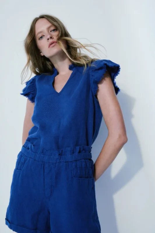 MELISSA NEPTON - Carrie batik blue linen top sold by Pepin