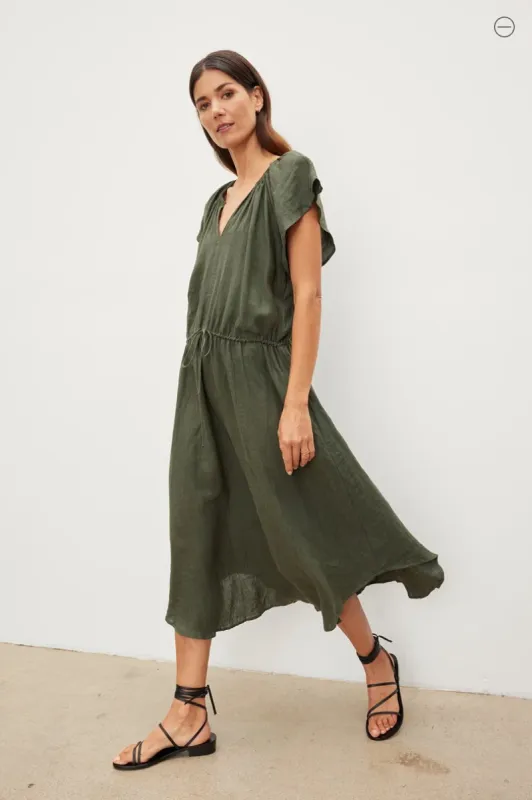 Velvet - Pepper Linen V-Neck Dress IN ALOE sold by Pepin