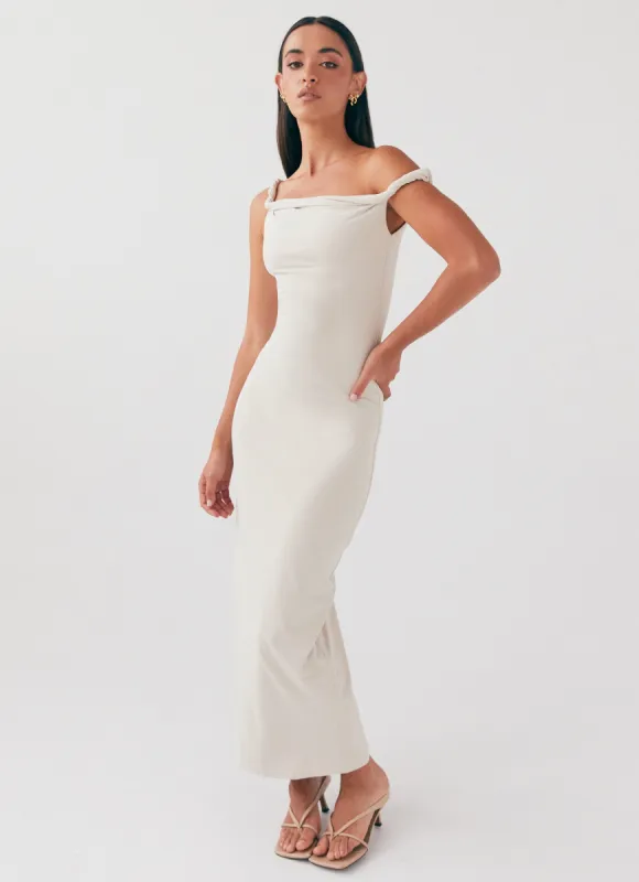 Arabella Twist Shoulder Maxi Dress - Beige sold by Peppermayo