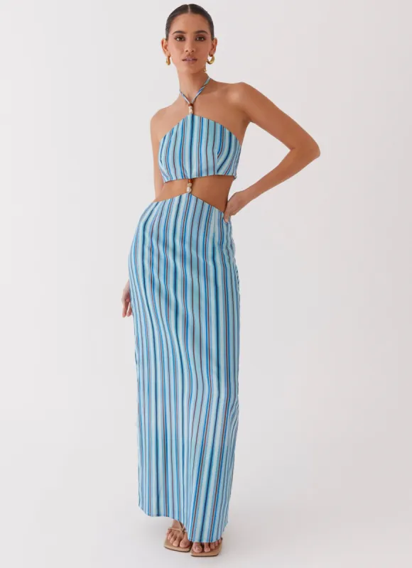 Libby Linen Maxi Dress - Blue Stripe sold by Peppermayo
