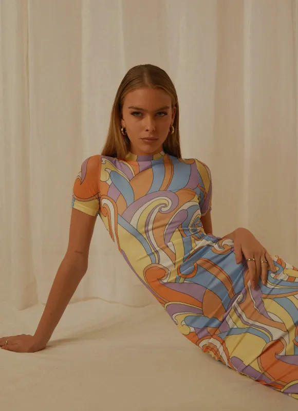 Into the City Mesh Maxi Dress - Retro Swirl made by Peppermayo