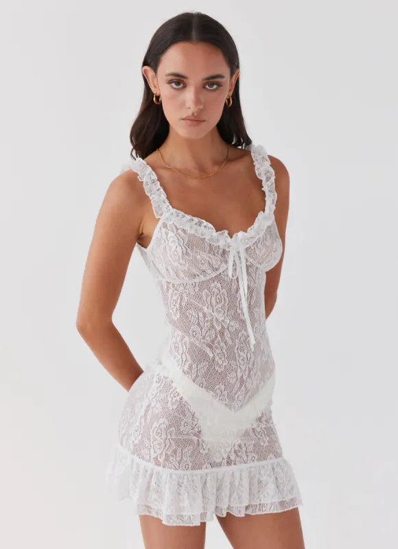 Love Lies Lace Mini Dress - Snow sold by Peppermayo