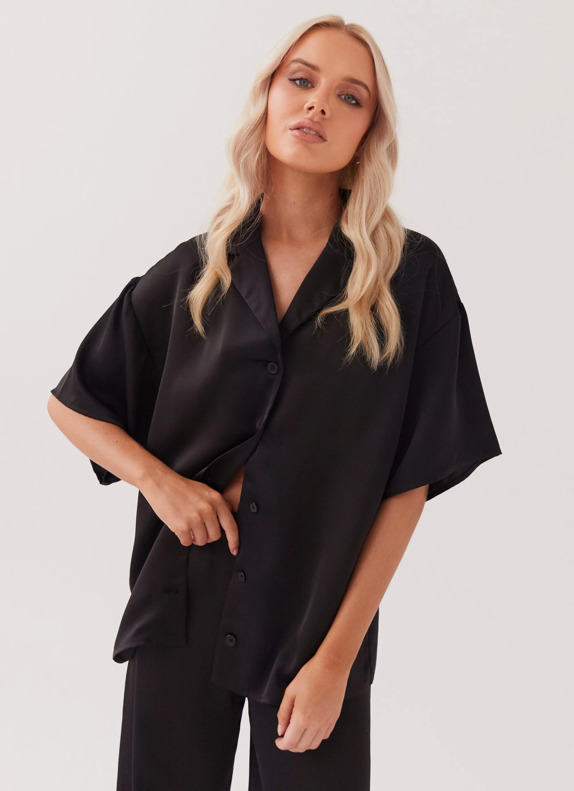 Palm Cove Satin Shirt - Black sold by Peppermayo