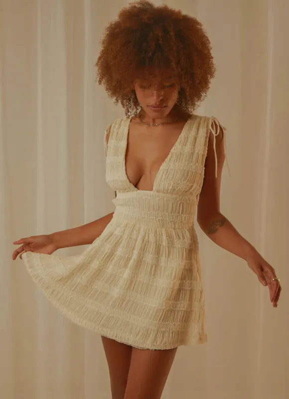 Heartbreak Hotel Ruched Mini Dress - Creme sold by Peppermayo
