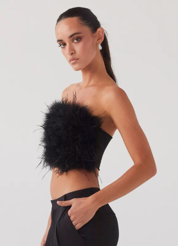 The Night Is Ours Feather Crop Top - Black sold by Peppermayo