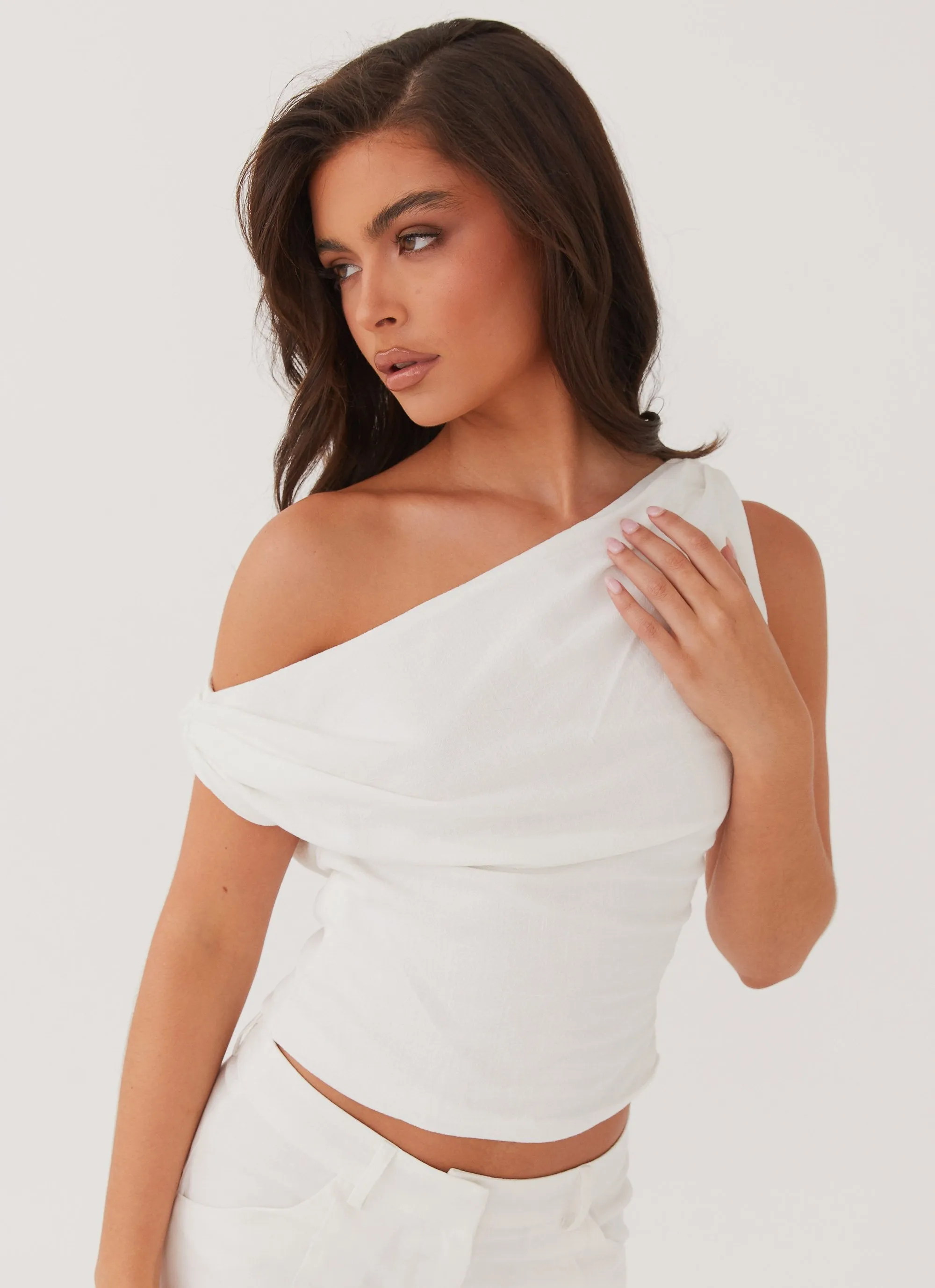 Marissa Linen One Shoulder Top - White sold by Peppermayo