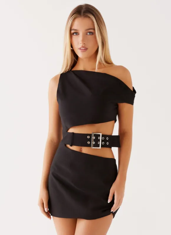 Elvira Belt Mini Dress - Black sold by Peppermayo