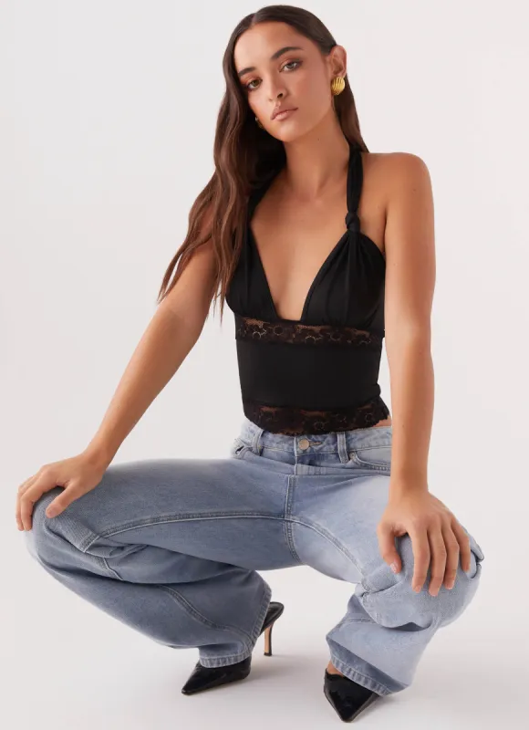Ocean Plunge Lace Trim Top - Black sold by Peppermayo