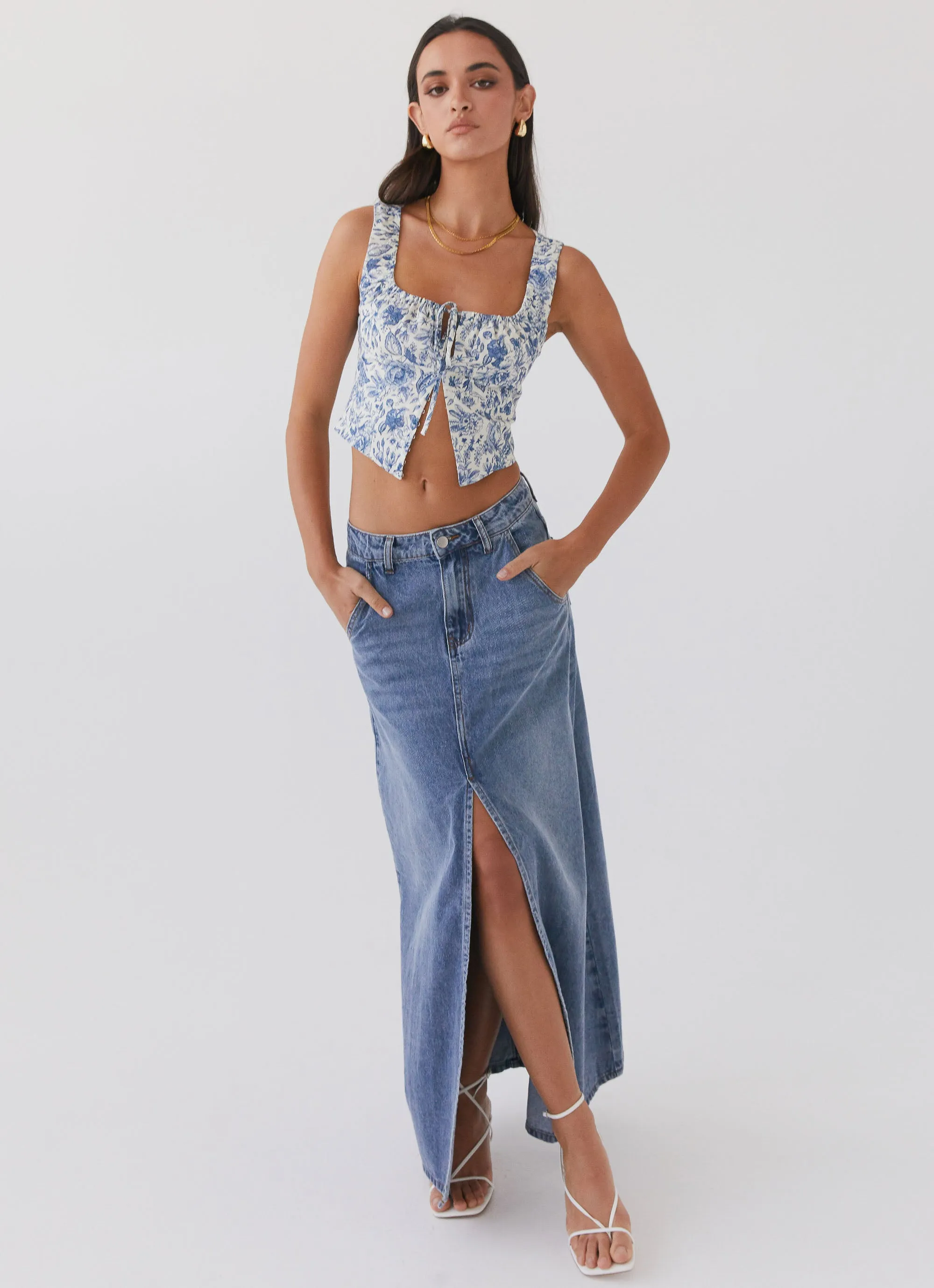 Walk This Way Denim Maxi Skirt - Blue sold by Peppermayo