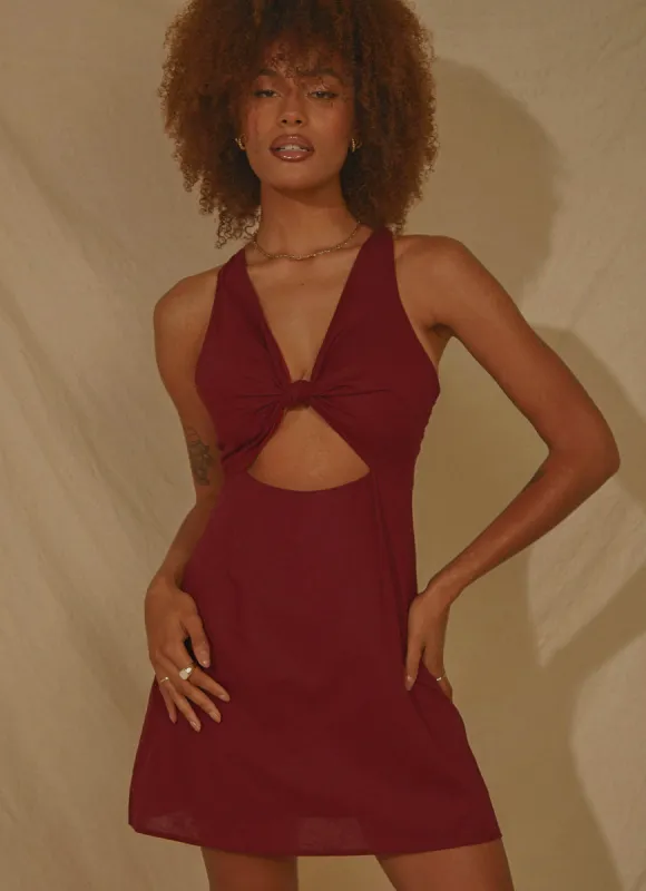 Rosemarie Linen Mini Dress - Burgundy sold by Peppermayo