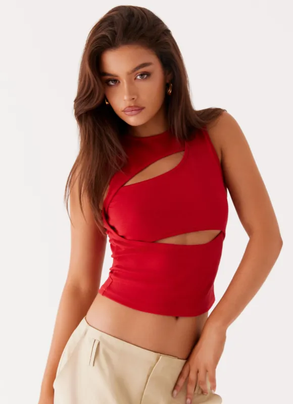 Beyond Cut Out Mesh Top - Red sold by Peppermayo