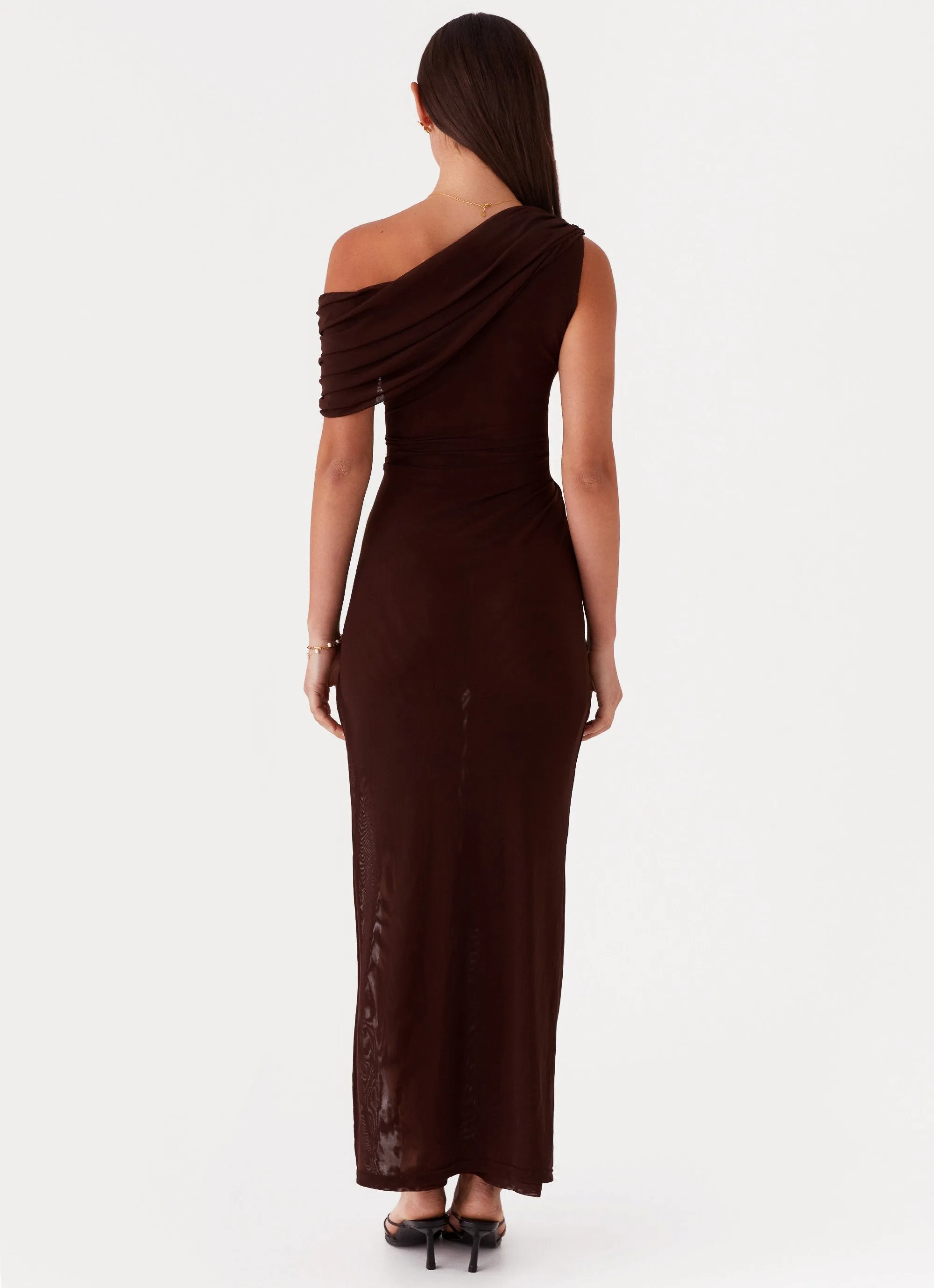 Ciara One Shoulder Draped Maxi Dress - Chocolate sold by Peppermayo product image thumbnail 4