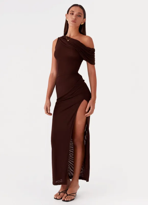 Ciara One Shoulder Draped Maxi Dress - Chocolate made by Peppermayo