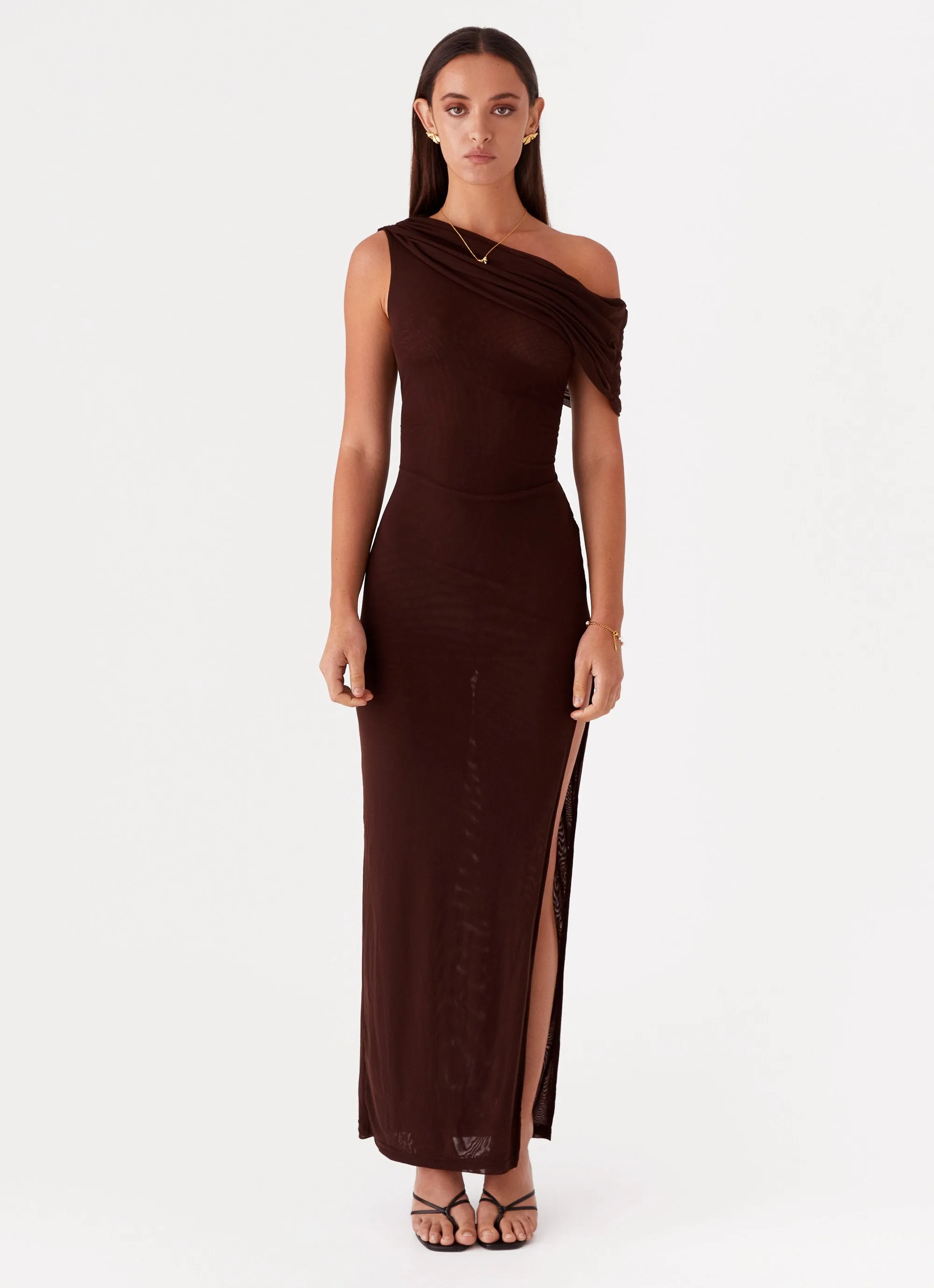 Ciara One Shoulder Draped Maxi Dress - Chocolate sold by Peppermayo product image thumbnail 2