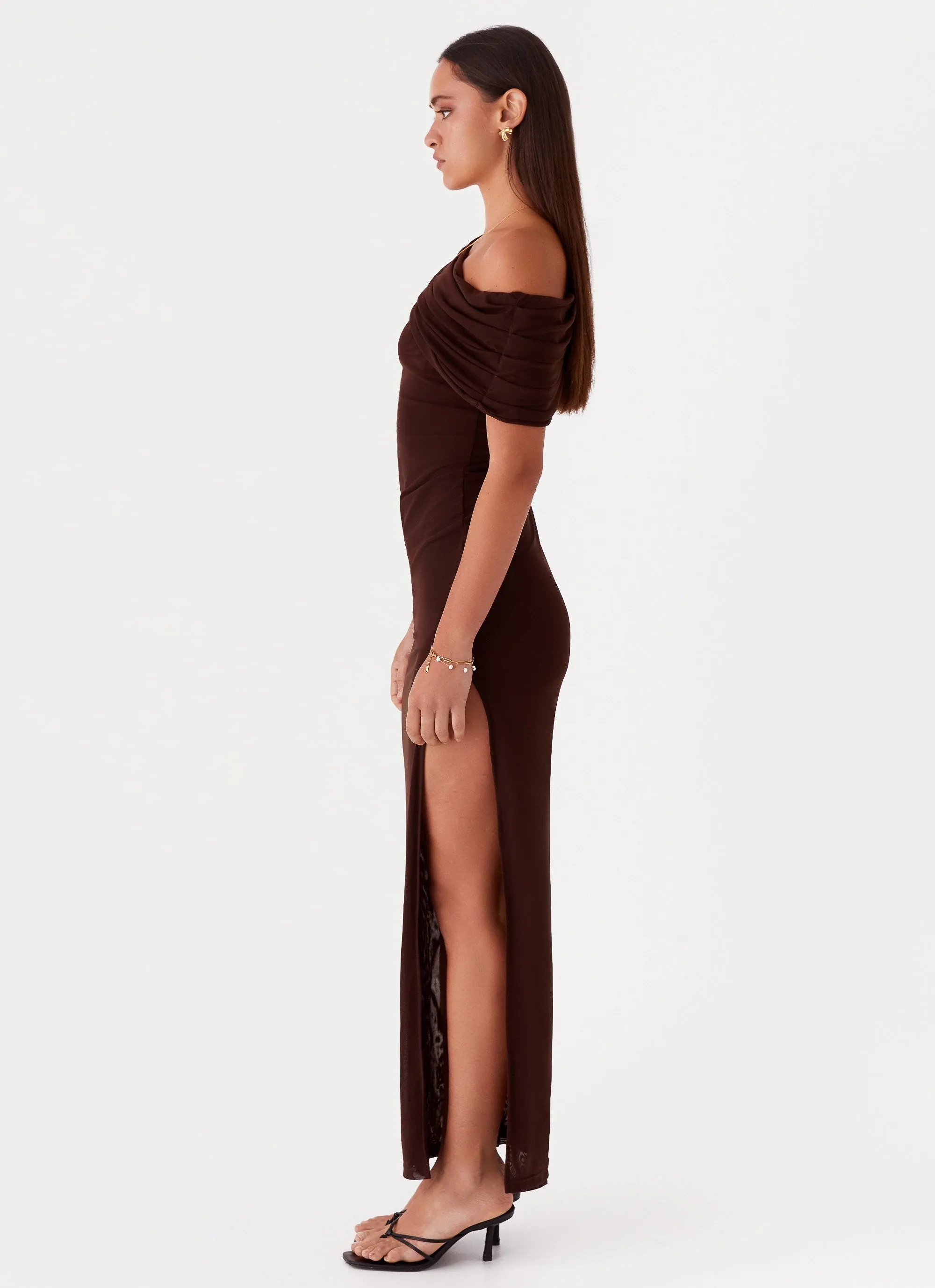 Ciara One Shoulder Draped Maxi Dress - Chocolate sold by Peppermayo product image thumbnail 3