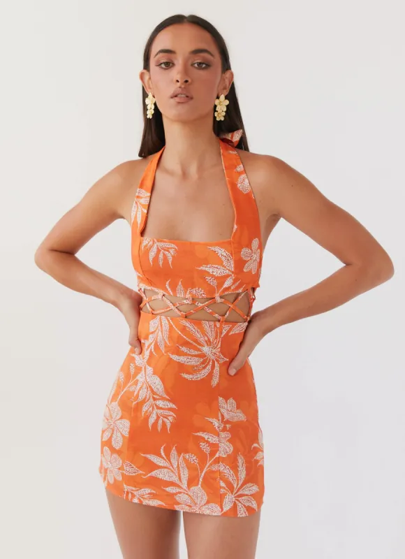 Lyra Linen Mini Dress - Tropic Sunset sold by Peppermayo
