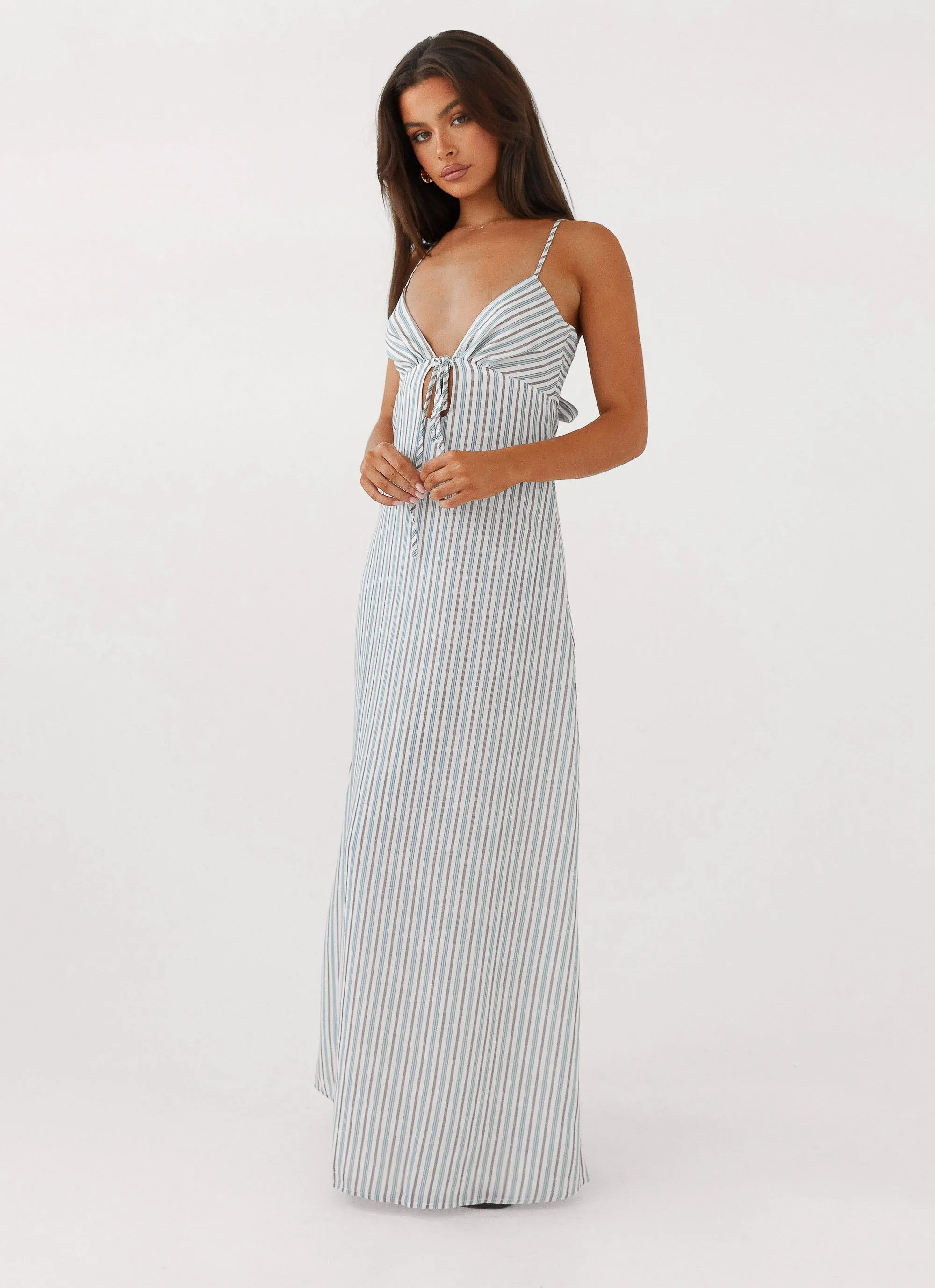 Flora Linen Maxi Dress - Blue Choc Stripe sold by Peppermayo