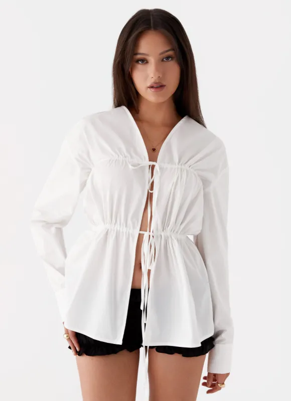 Bridget Ruched Tie Front Shirt - White made by Peppermayo