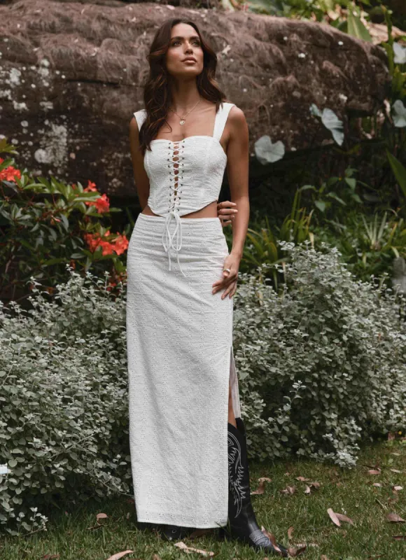 Georgia Peaches Broderie Maxi Skirt - Whisper White sold by Peppermayo