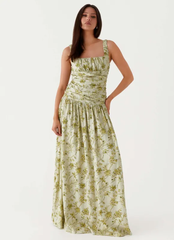Zinna Linen Maxi Dress - Sage Floral sold by Peppermayo