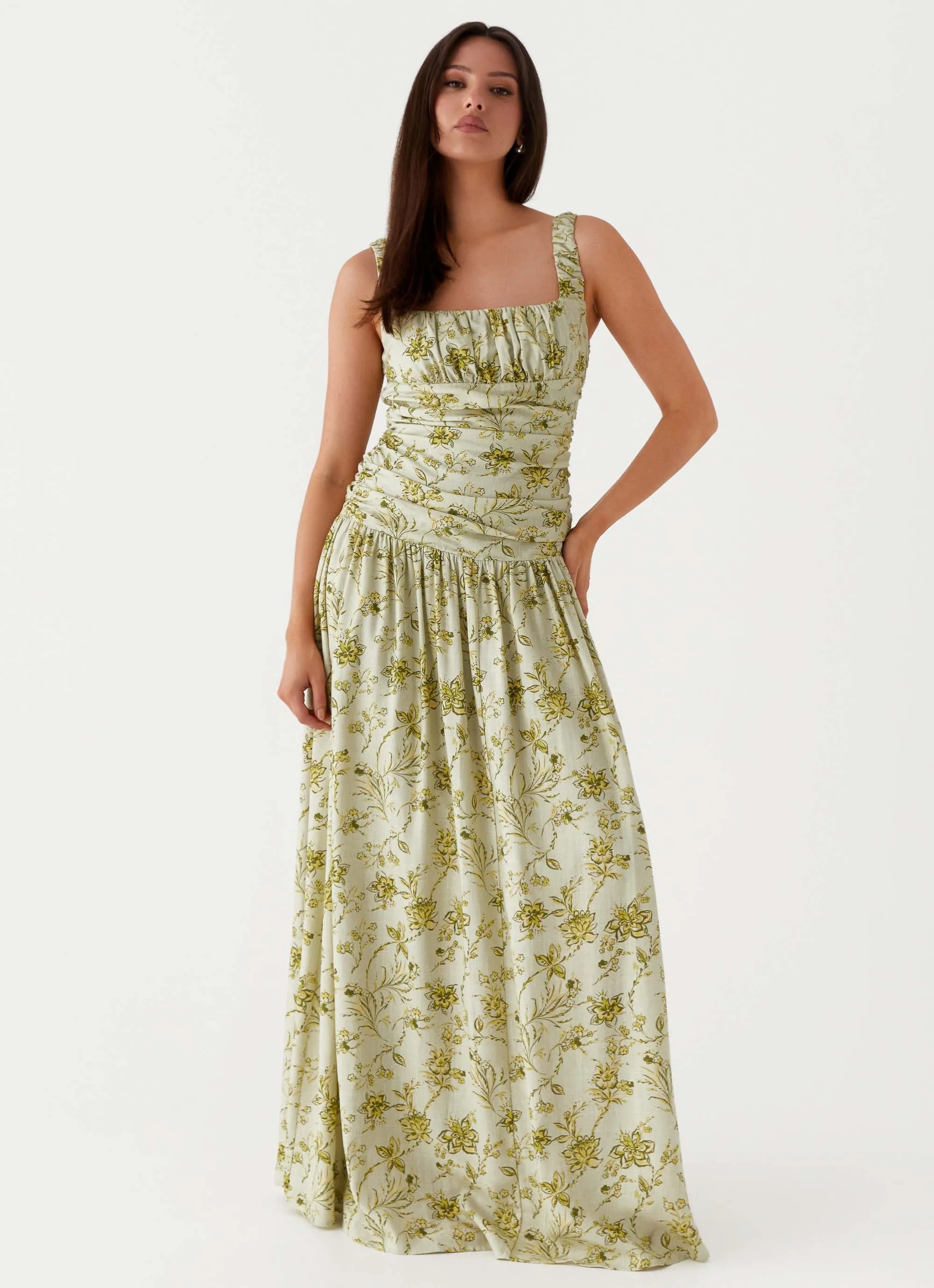 Zinna Linen Maxi Dress - Sage Floral sold by Peppermayo