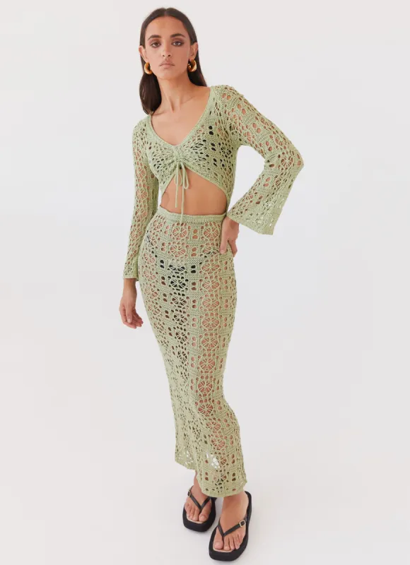 Seaside Soiree Crochet Maxi Dress - Light Olive sold by Peppermayo