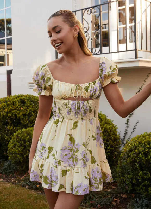 Every Reason Linen Mini Dress - Yellow Purple Floral sold by Peppermayo