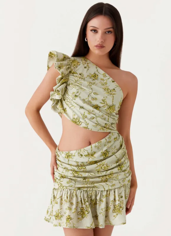 Maisie Linen Mini Dress - Sage Floral sold by Peppermayo