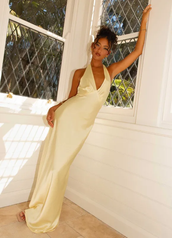 Heavy Hearted Satin Maxi Dress - Lemon sold by Peppermayo