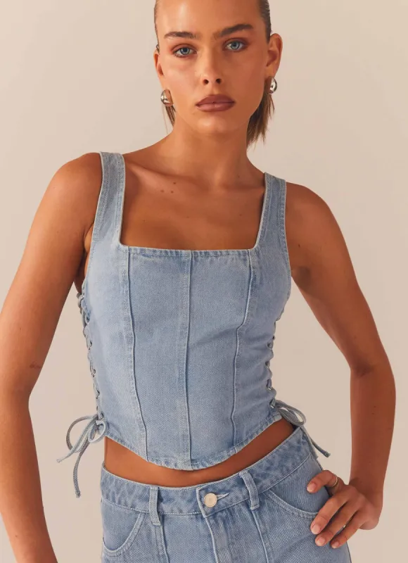Giddy Up Denim Bustier Top - Subdued Blue sold by Peppermayo