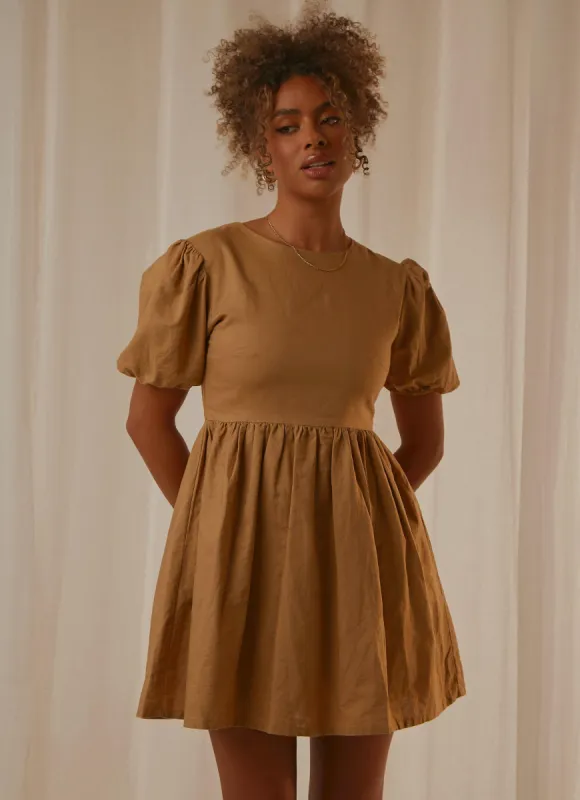 Nima Linen Mini Dress - Oak sold by Peppermayo