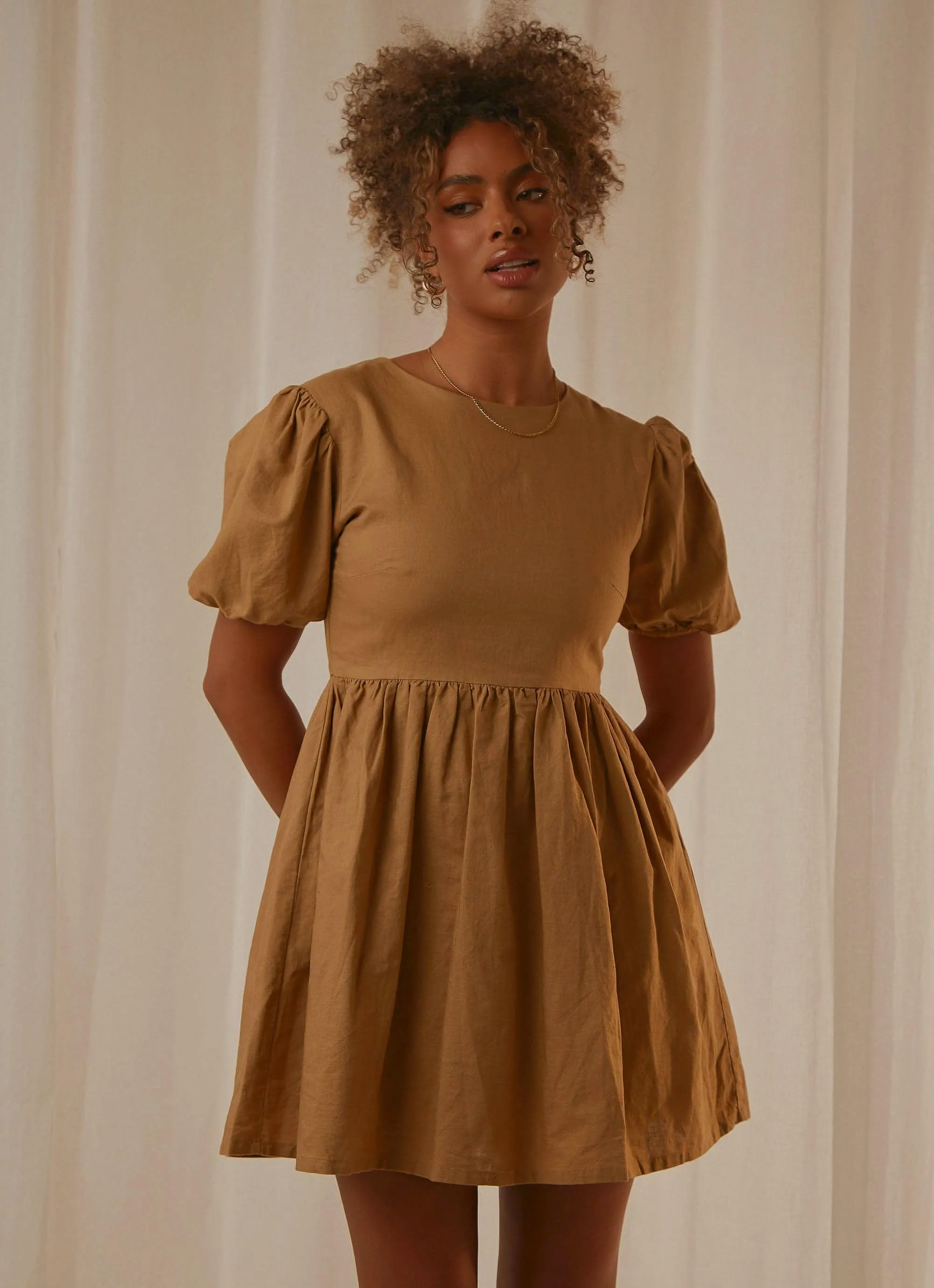 Nima Linen Mini Dress - Oak sold by Peppermayo