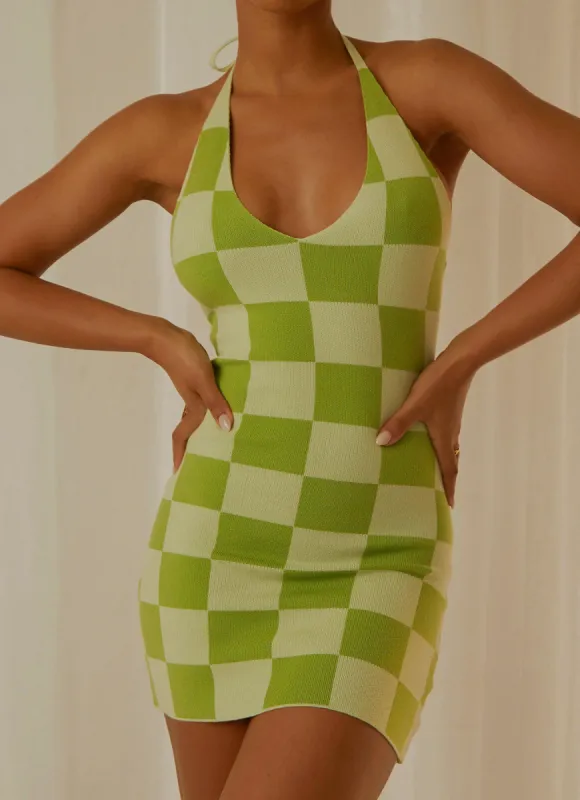 The Groove Knit Halter Dress - Lime Checkers made by Peppermayo