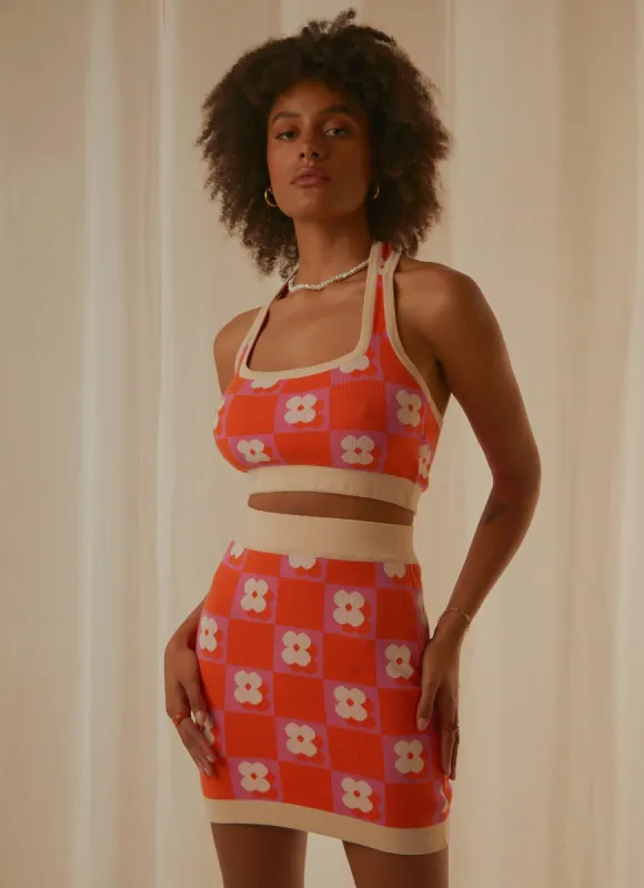 Flower Market Knit Mini Skirt - Orange Mod Floral sold by Peppermayo