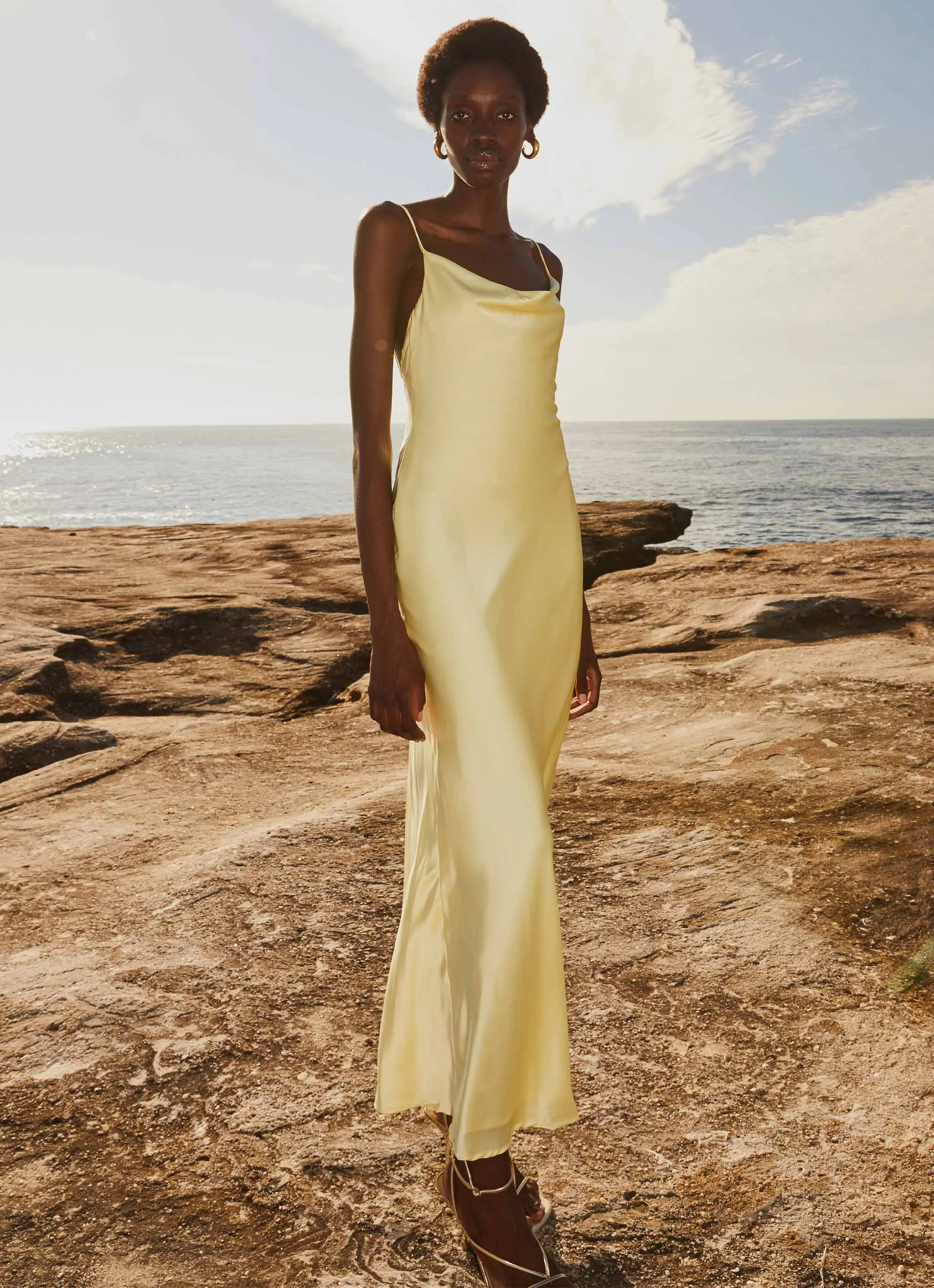 Joanna Satin Maxi Dress - Lemon sold by Peppermayo