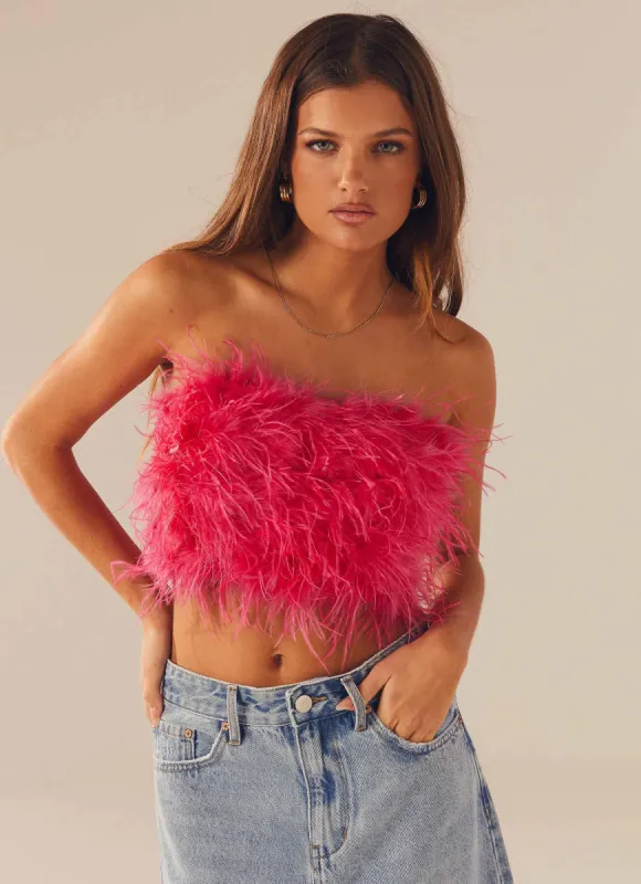The Night Is Ours Feather Crop Top - Pink Cosmo sold by Peppermayo