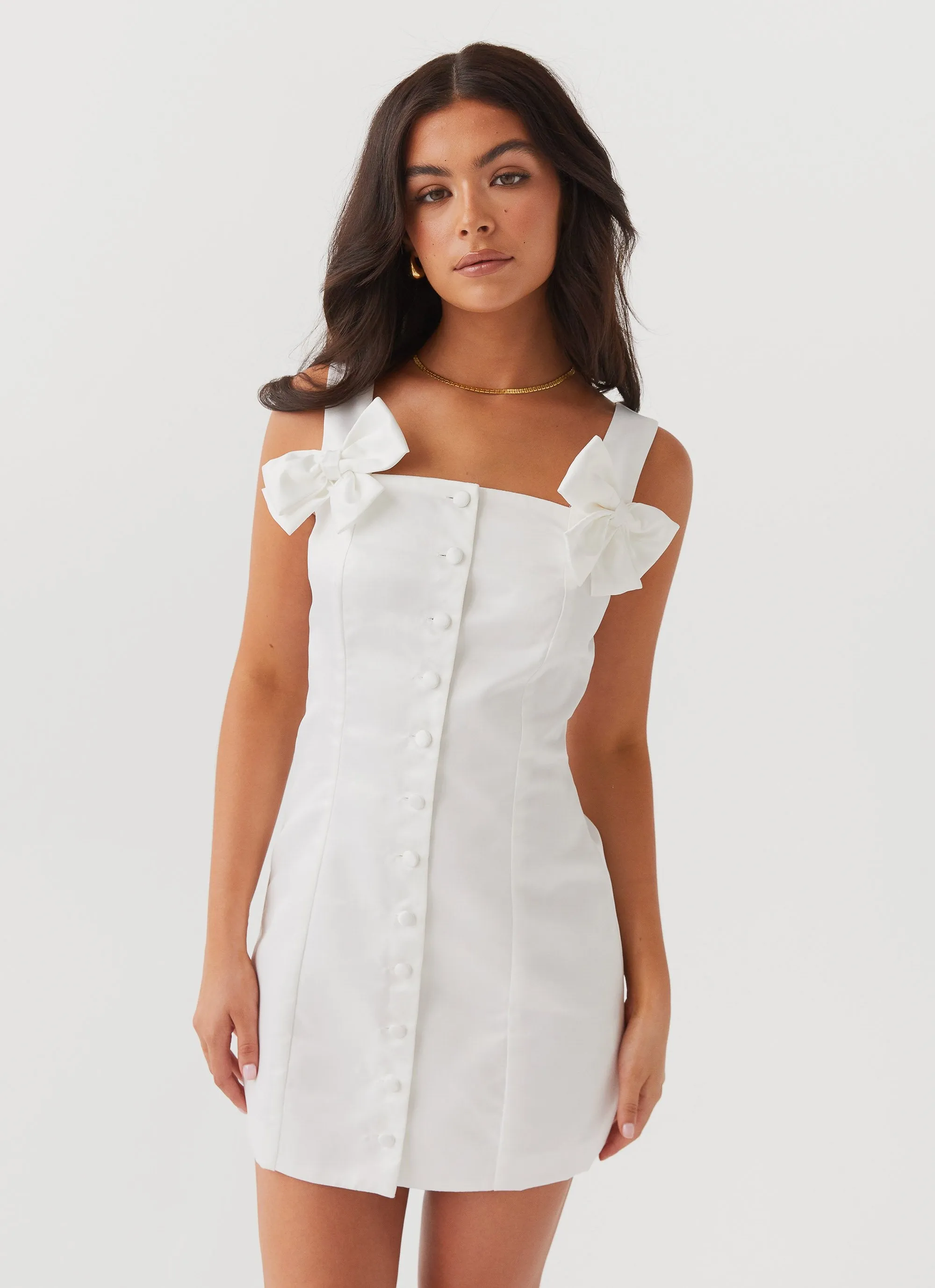 Brielle Bow Satin Mini Dress - White sold by Peppermayo