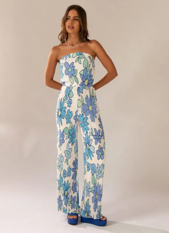 Doing The Most Plisse Jumpsuit - Blue Blossom sold by Peppermayo