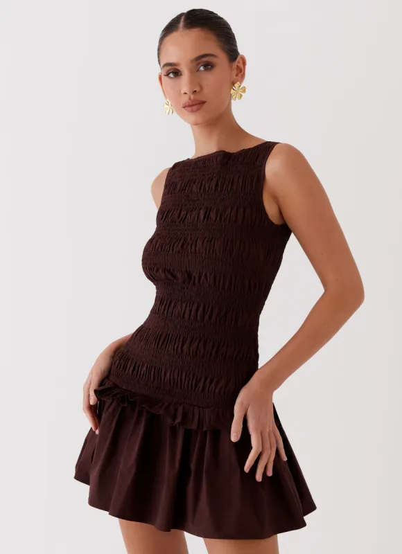 Garden Kisses Shirred Mini Dress - Chocolate sold by Peppermayo