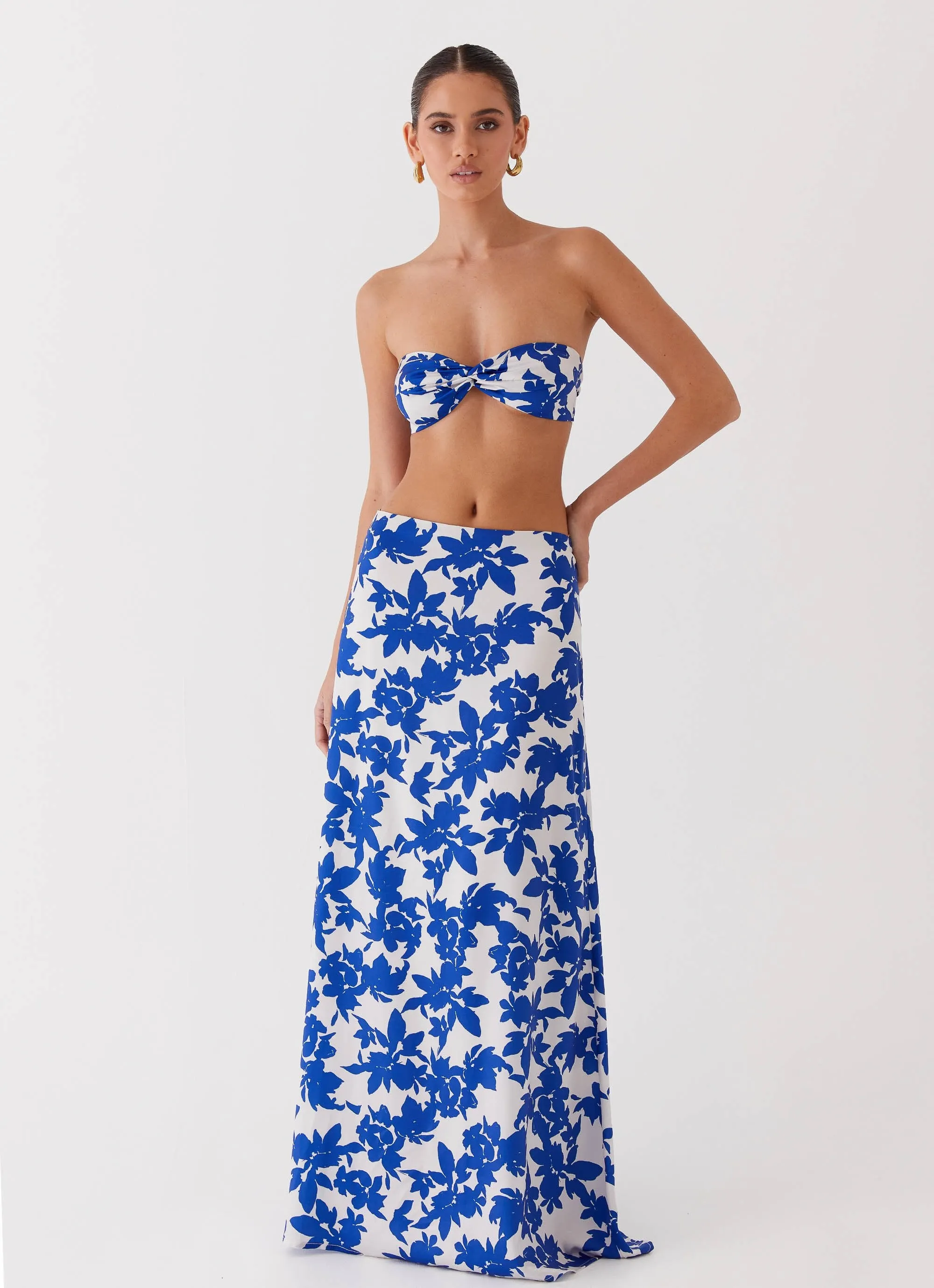 Sky Gaze Low Rise Maxi Skirt - Blue Floral sold by Peppermayo