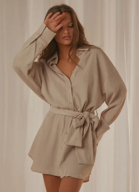Sianne Mini Shirt Dress - Taupe sold by Peppermayo